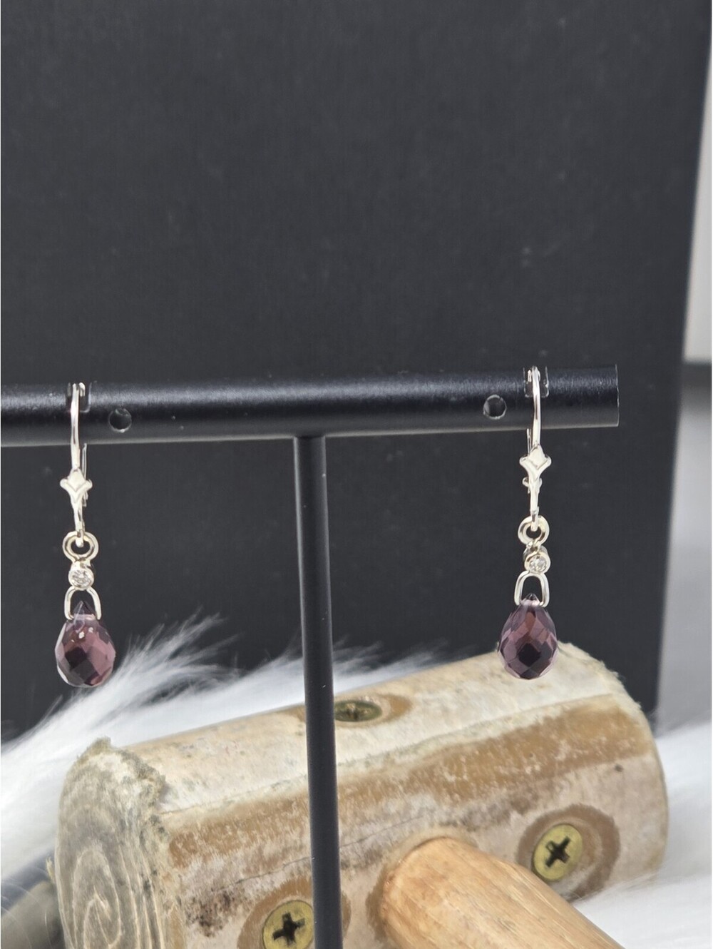 14k White Gold Rhodolite Garnet Briolette Diamond Earrings